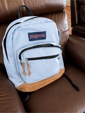 Jansport Light blue Backpack with Tan Suede Base and Black Trim needs zipper fix